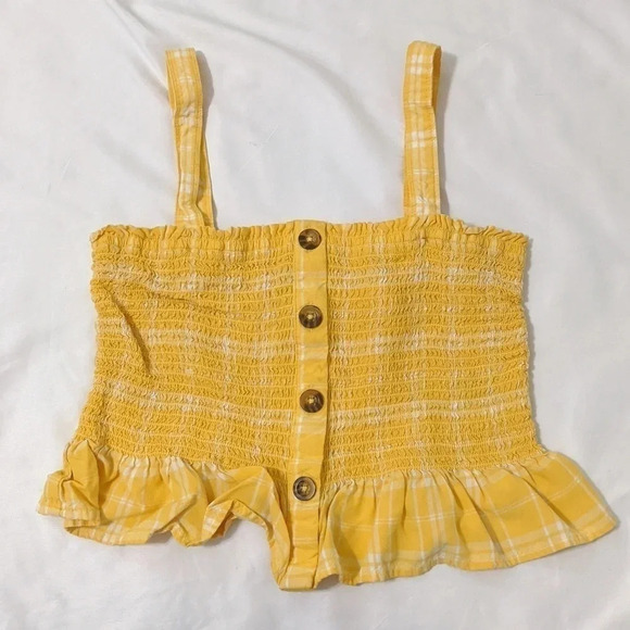 Hollister Sleeveless Smocked Crop Top, Color Yellow/White, Size M - Picture 2 of 10
